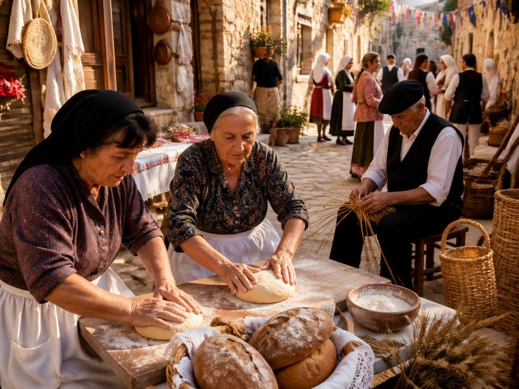 Fiesta de pueblo con mujeres amasando pan y un artesano trenzando cestos