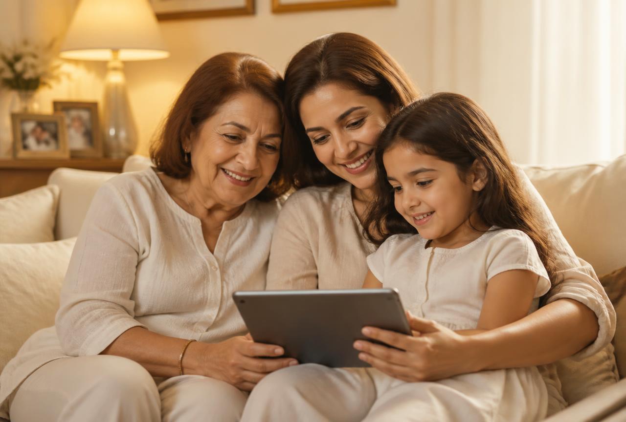 Abuela, madre e hija mirando juntas un legado digital en una tablet