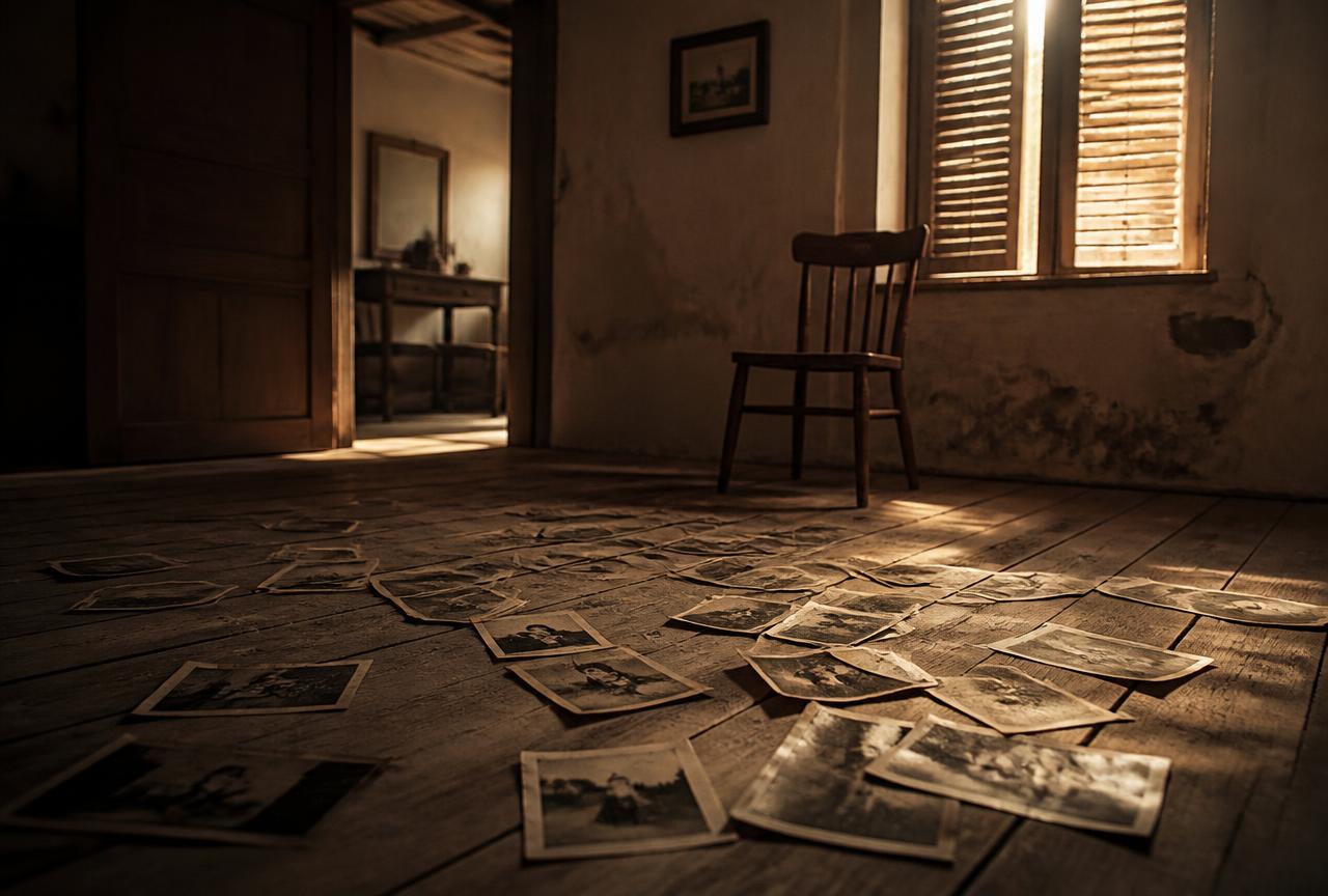 Fotografías antiguas esparcidas por el suelo de una casa de pueblo vacía