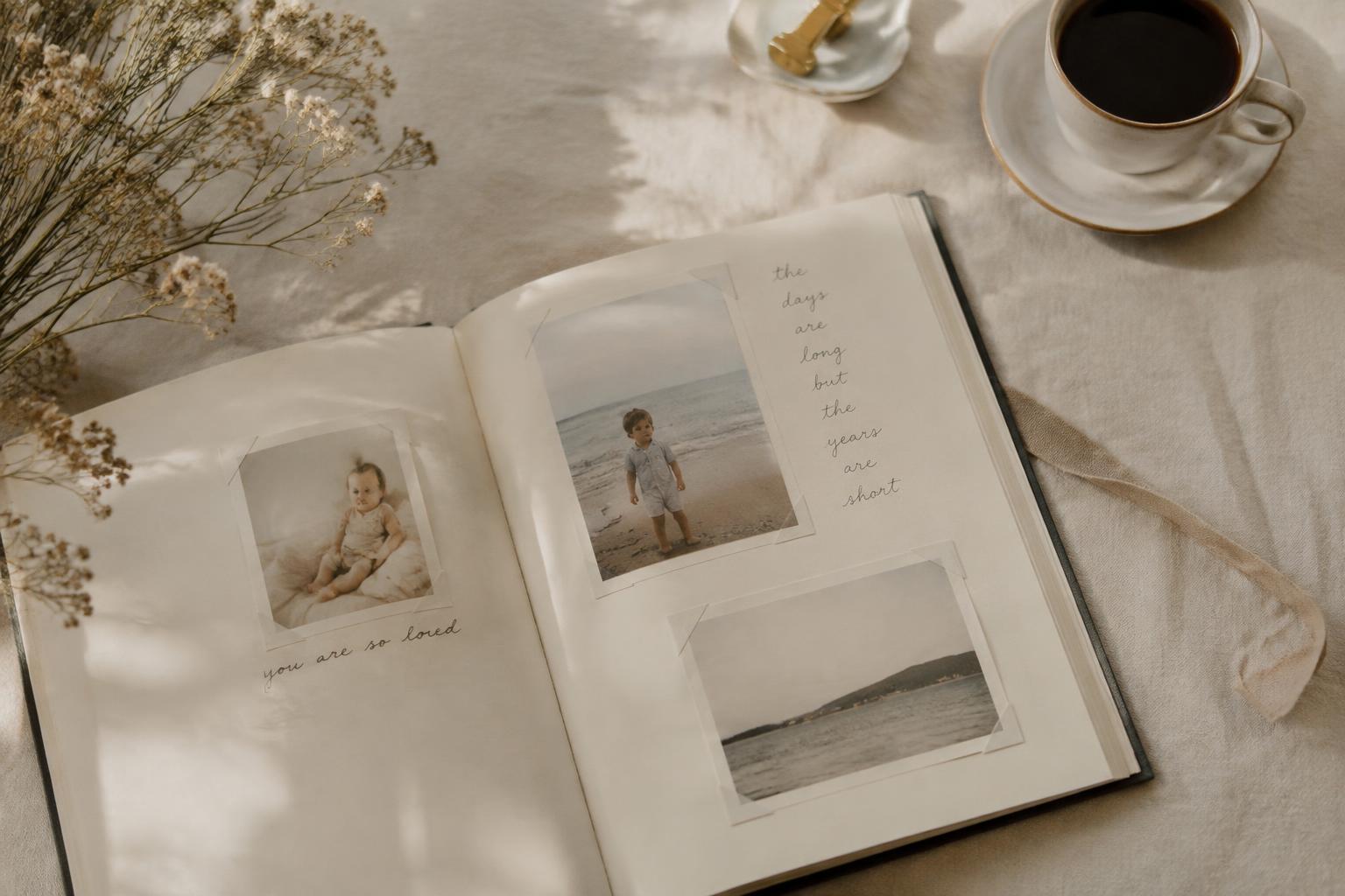 Álbum de fotografías familiares abierto sobre un mantel