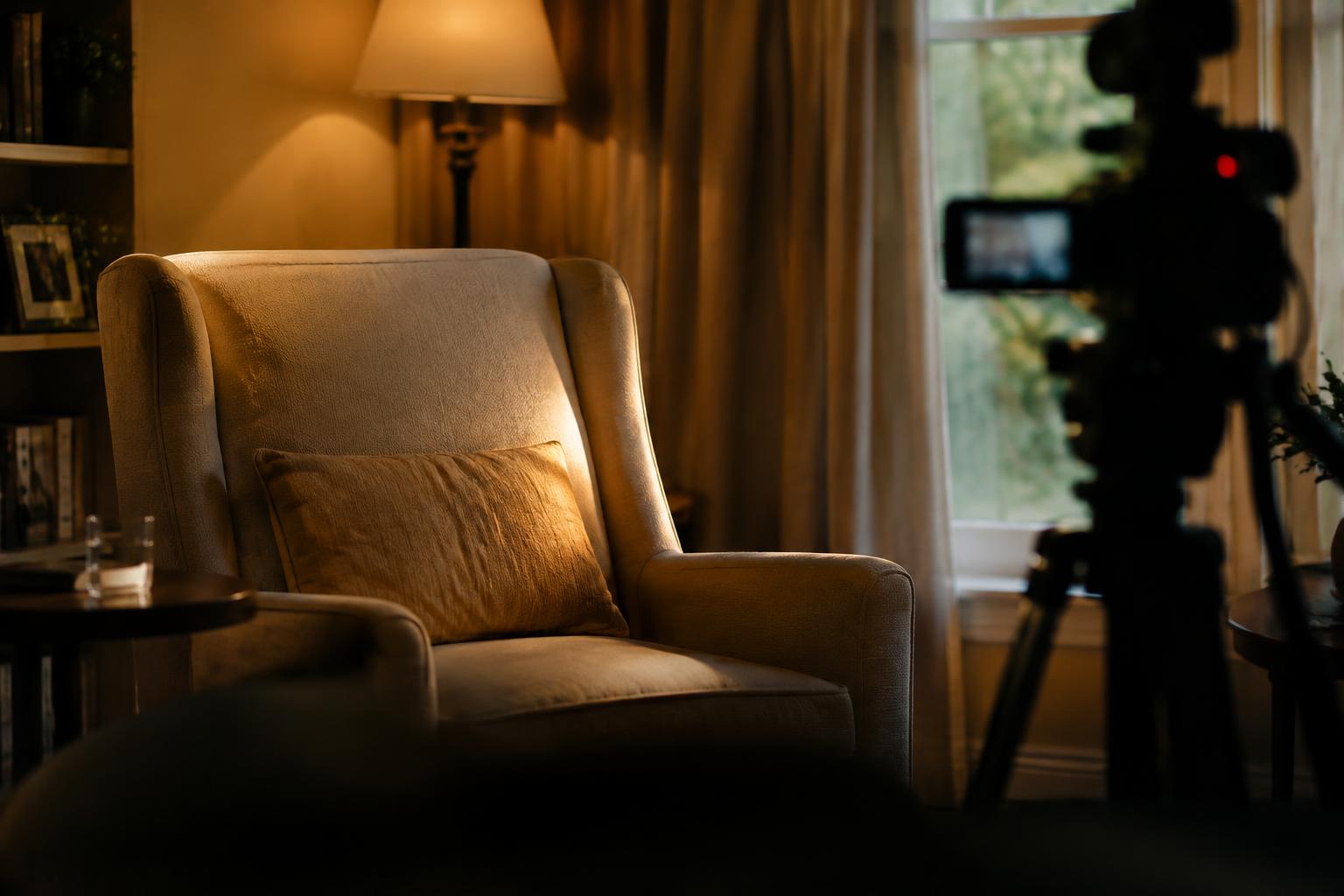 Sillón iluminado preparado para una entrevista documental en una casa familiar