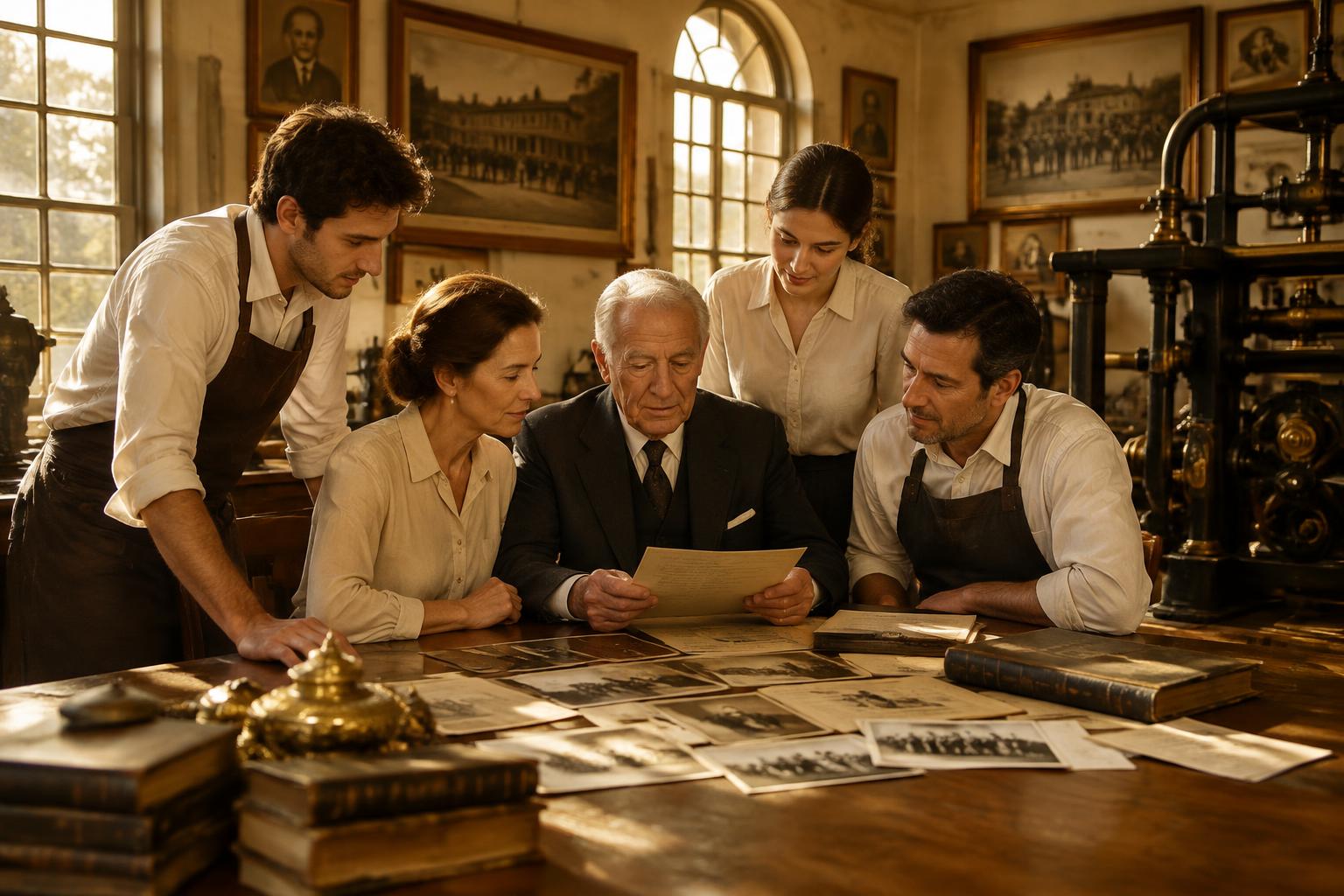 Fundador y equipo de una empresa familiar revisando documentos históricos
