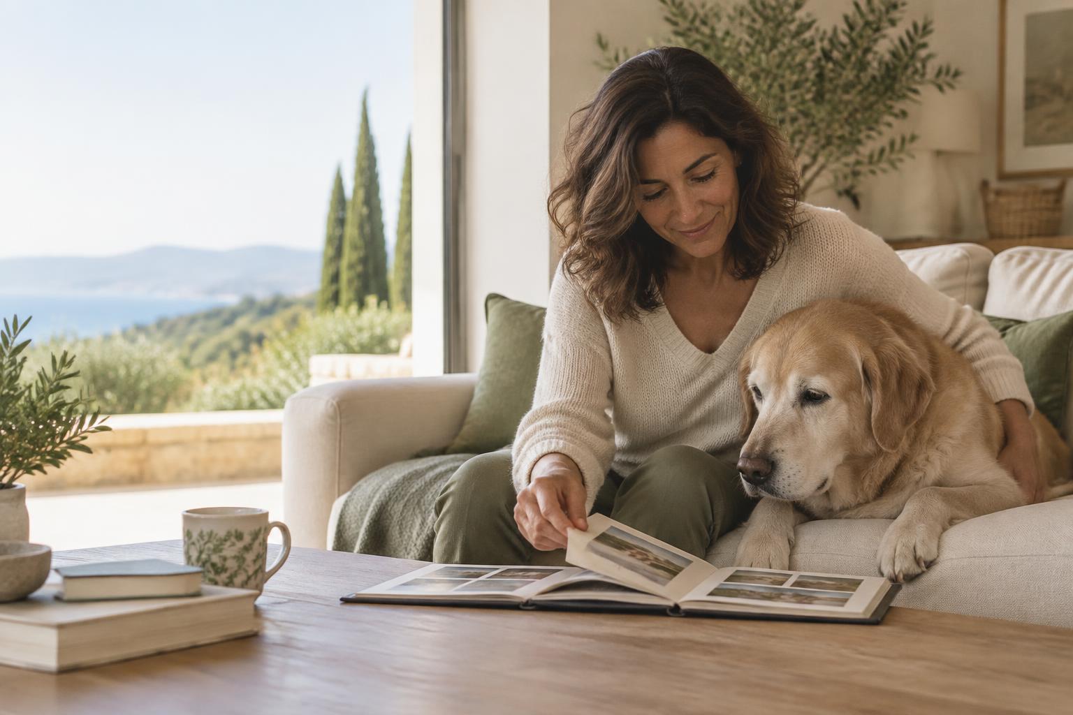 Una mujer acompaña a su perro mientras contempla un álbum de fotografías