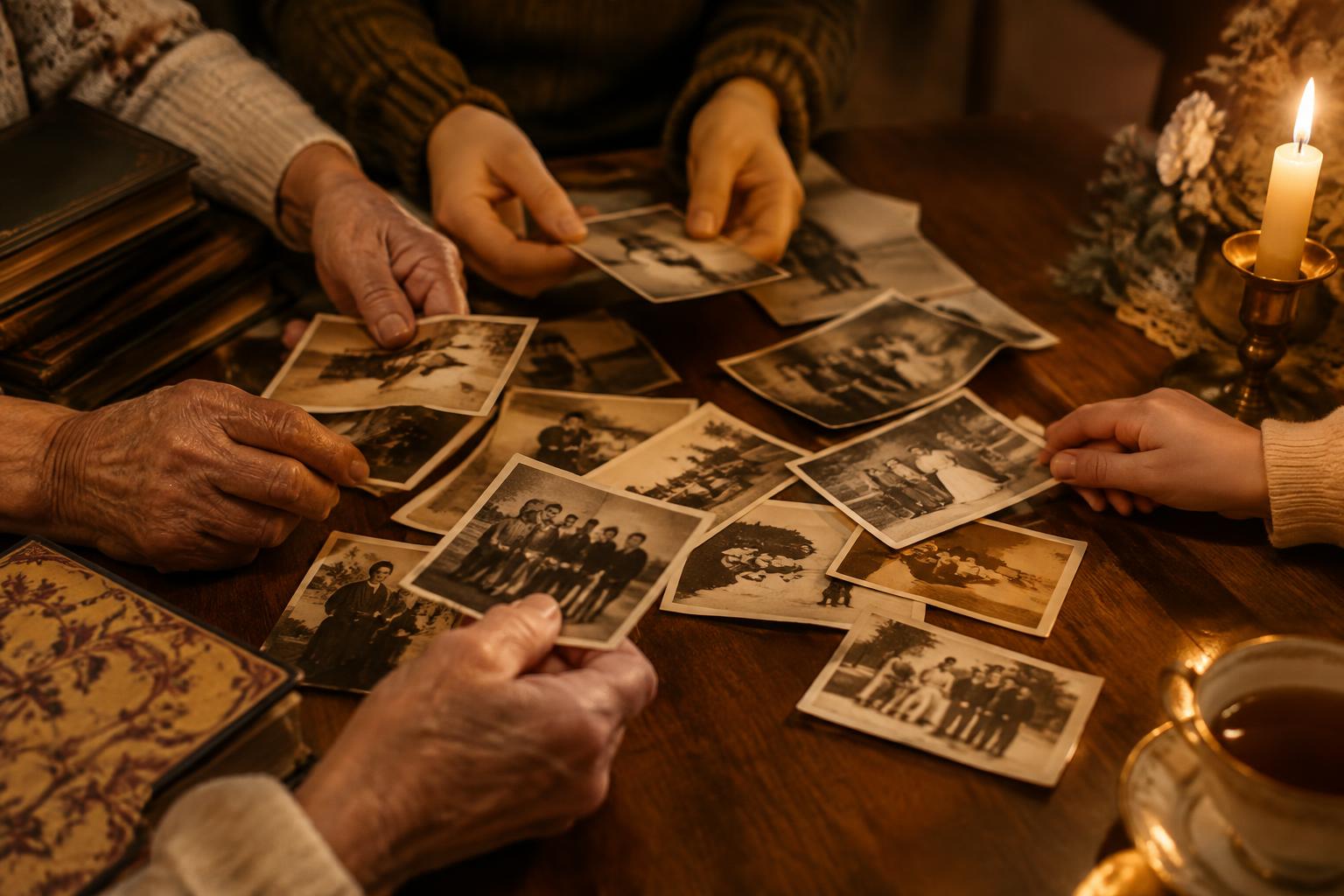 Manos de varias generaciones repasando fotografías familiares antiguas