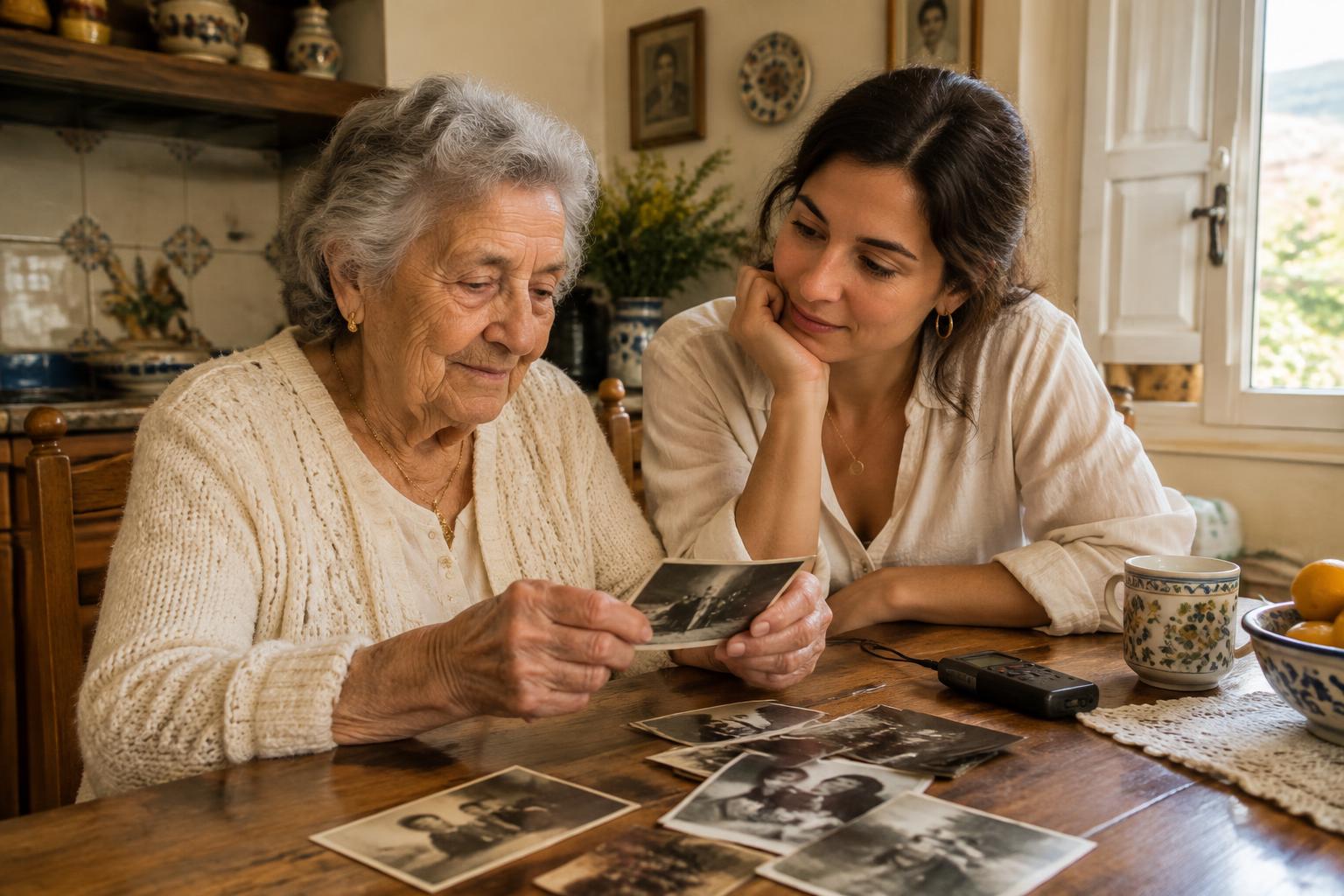 Una abuela y su nieta miran fotografías antiguas junto a una grabadora